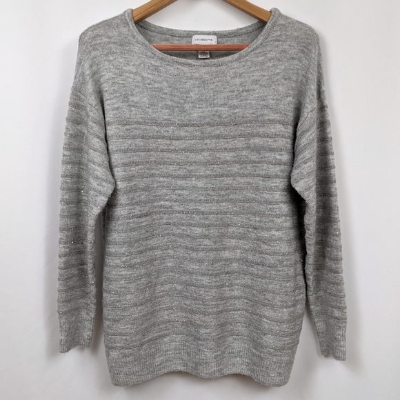 Liz Claiborne Sweaters - Liz Claiborne Sequinned Striped Sweater Boat Neck Heathered Gray Sparkle XL
